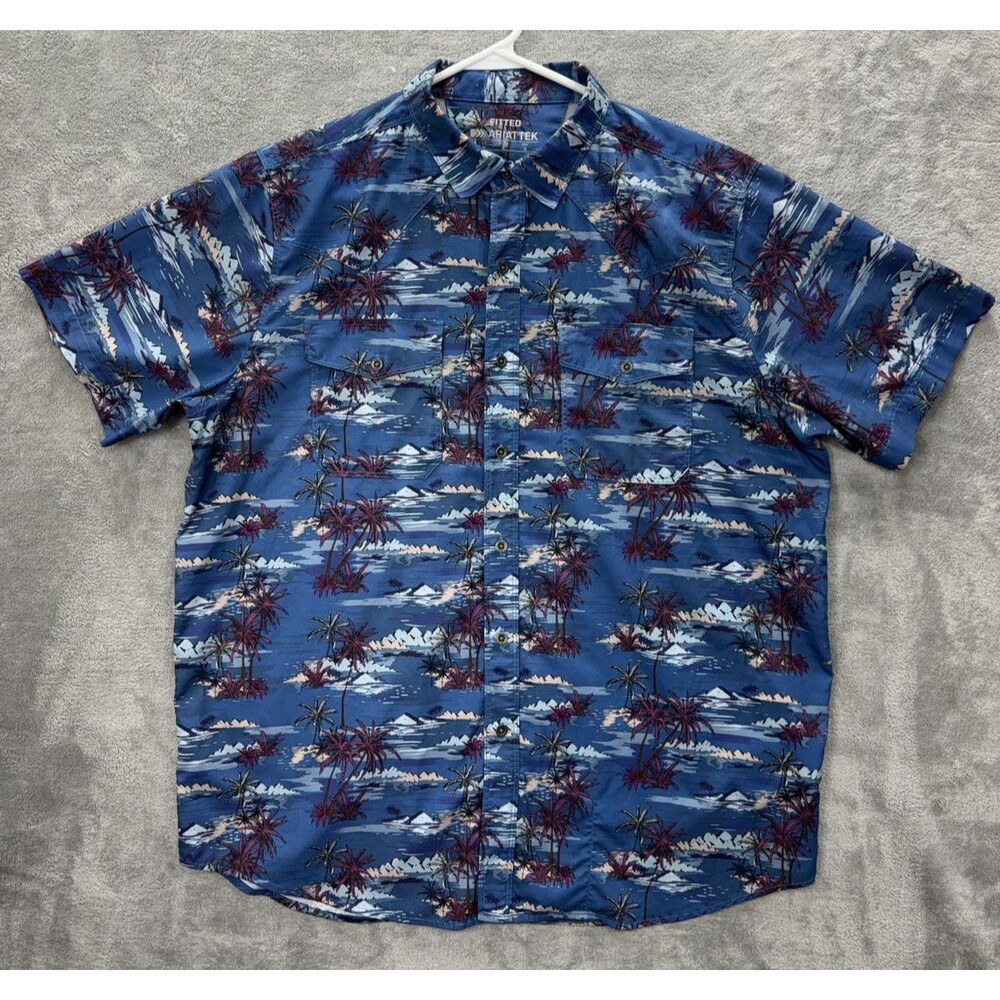 Ariat Tek Button Up Shirt Men M Blue Short Sleeve Vented Hawaiian Tropical